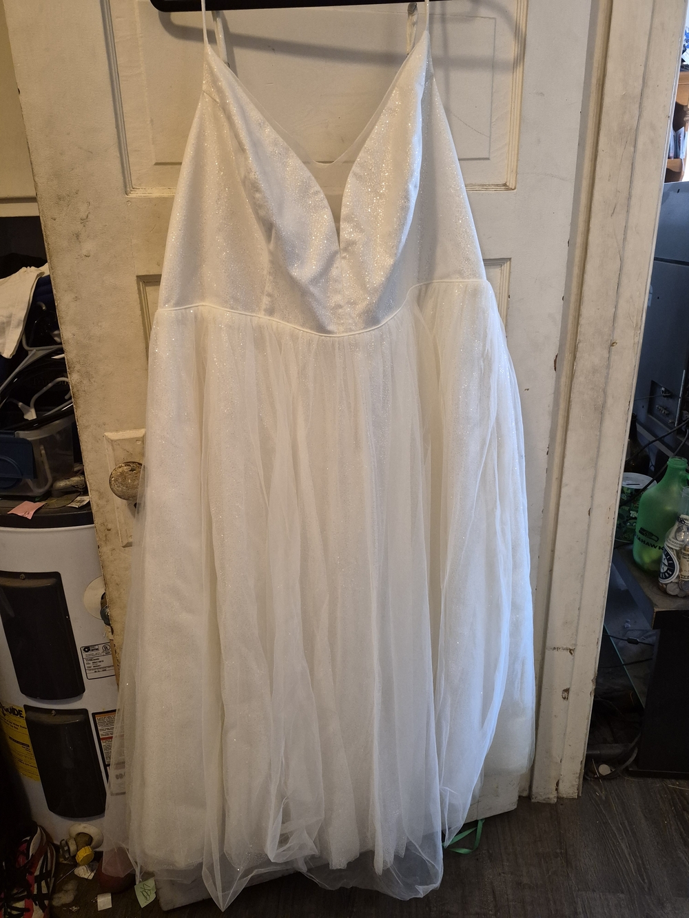 David's Bridal White Sparkling V-Neck Tulle Wedding Gown